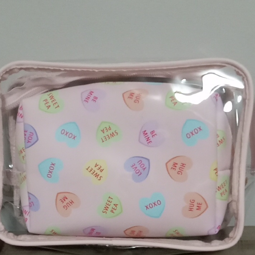 Candy Heart Print Cosmetic Bag Set in Pastel Pink New
